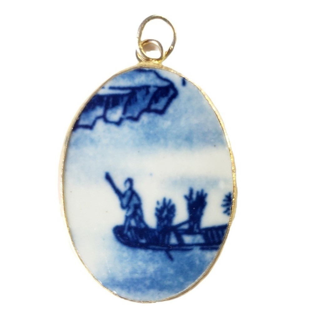 Vintage Cobalt Blue Willow China Shard Pendant Nautical Boat‎ Sailing Vessel